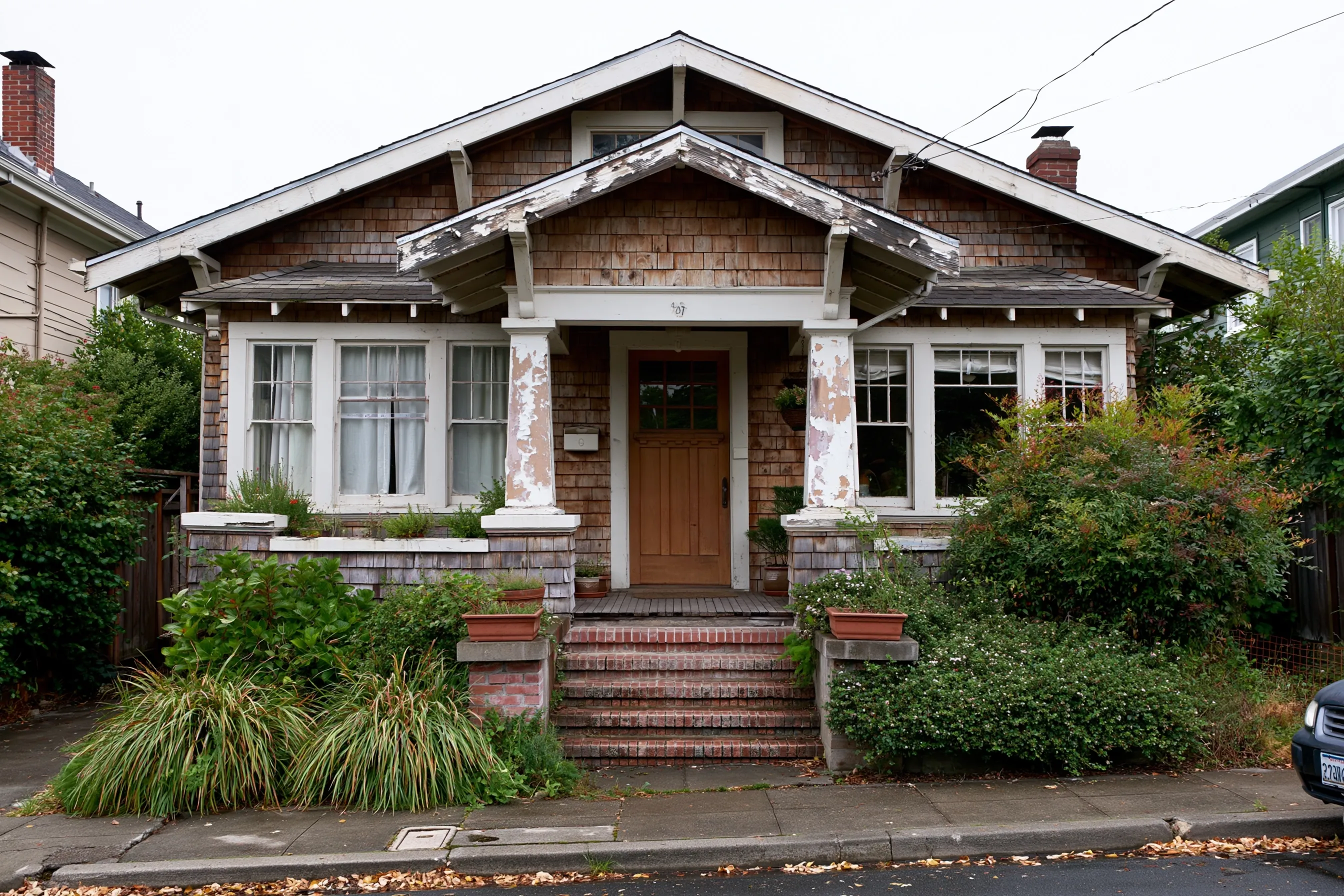 1920s craftsman bungalow with wood shingle siding, white porch columns with peeling paint and brick front steps